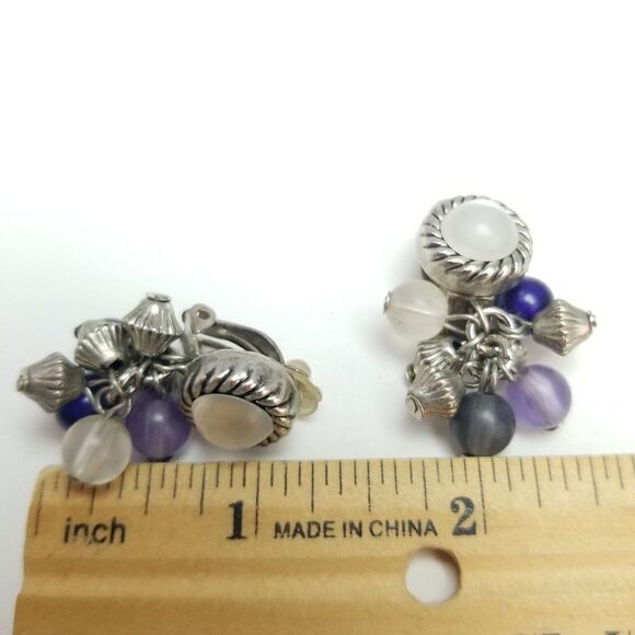 Vintage Silver Tone Clip On Earrings with Beaded Purple Blue Drop, Retro Design - Picture 4 of 6
